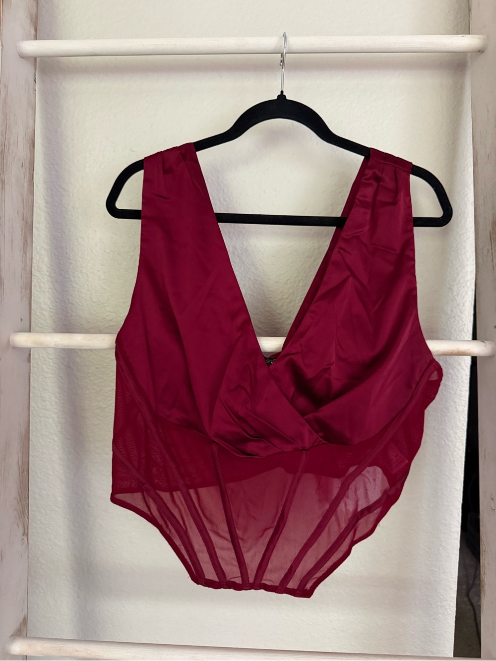 Plunge Mesh Blouse in Wine